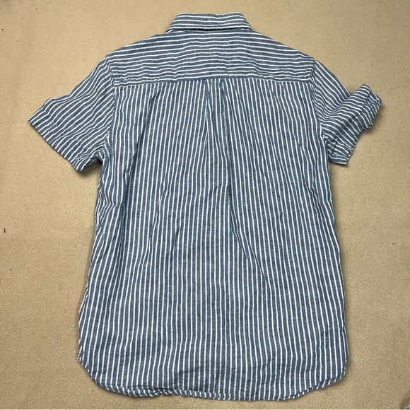 Line Of Trade Shirt Mens Small Blue Striped Button Down Linen Blend Short Sleeve - Picture 7 of 7